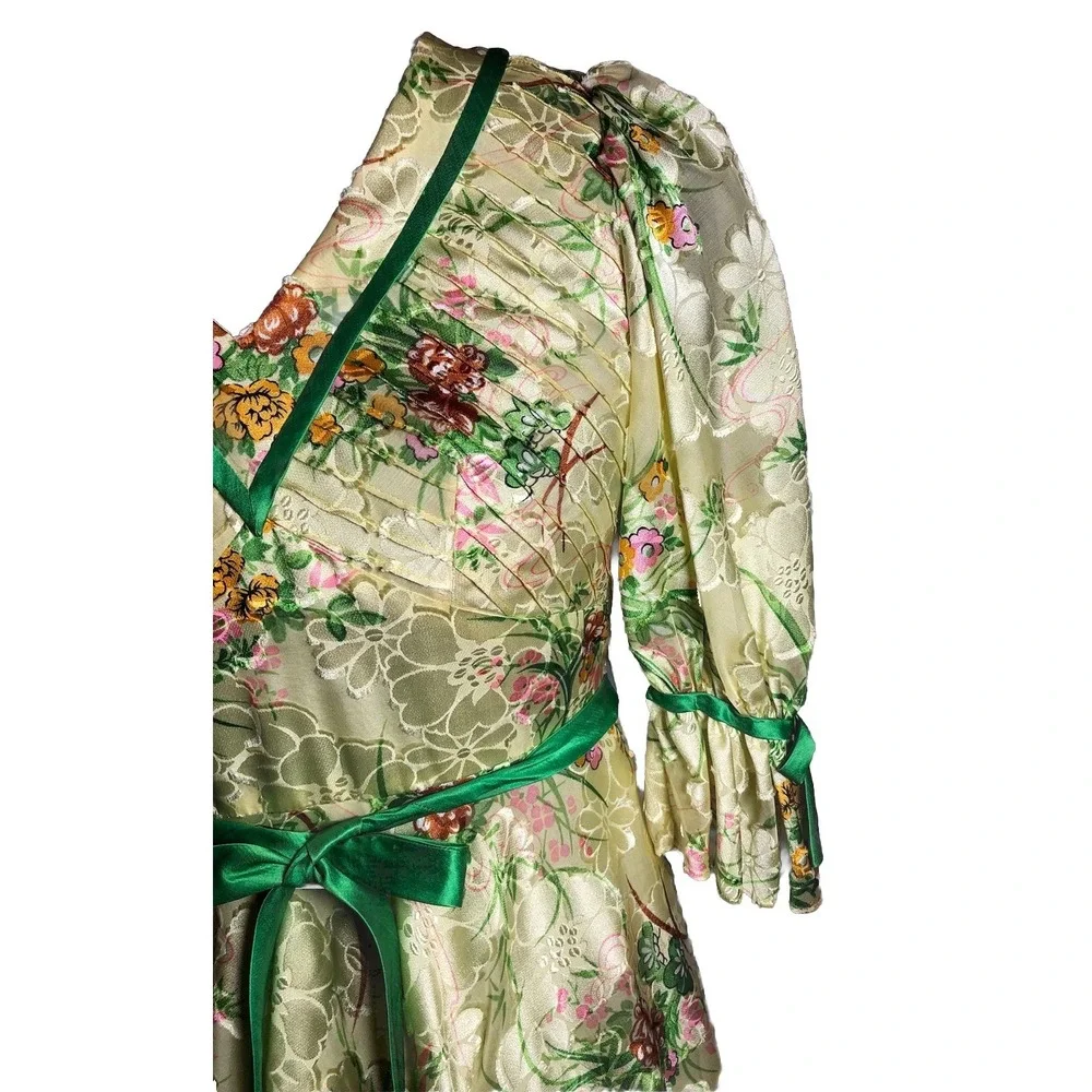 Vintage 1970s Boho Dress Floral Brocade Maxi Dress Festival Gown STAINED XS - Picture 4 of 16